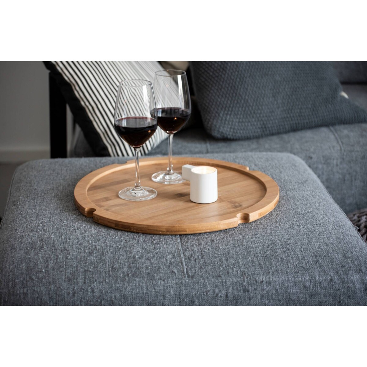 Stolik pomocniczy BAHARI, bambusowy, z materiałowym koszem do przechowywania, okrągły, WENKO