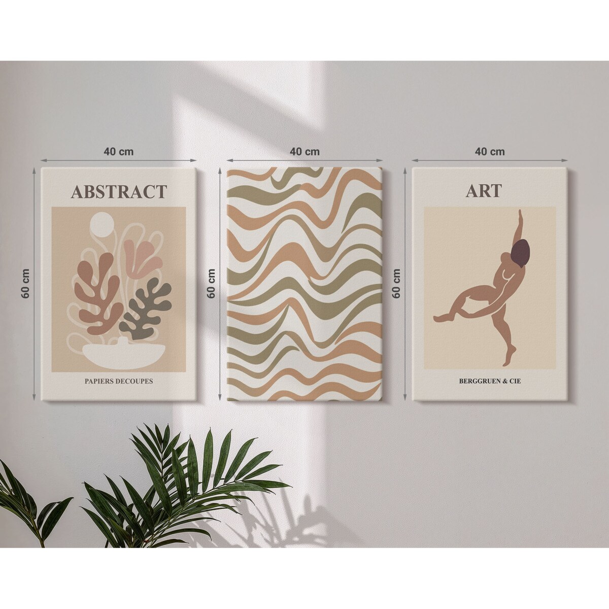 Zestaw 3 dużych obrazów na płótnie - Abstrakcyjne wzory Matisse boho - beżowy