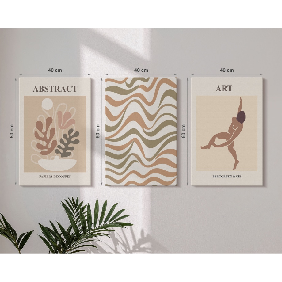 Zestaw 3 dużych obrazów na płótnie - Abstrakcyjne wzory Matisse boho - beżowy