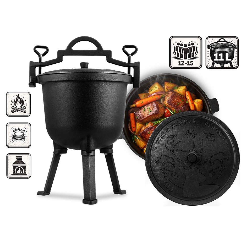 Kociołek żeliwny 11L Berdsen BD-482 garnek myśliwski pieczonki na ognisko grill + przepisy