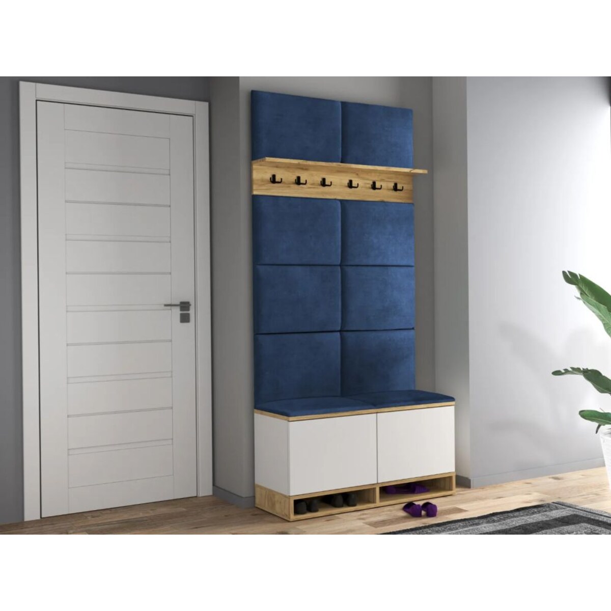 Szafka na buty z siedziskiem i wieszakiem DUBAI biała/dąb craft/granatowa