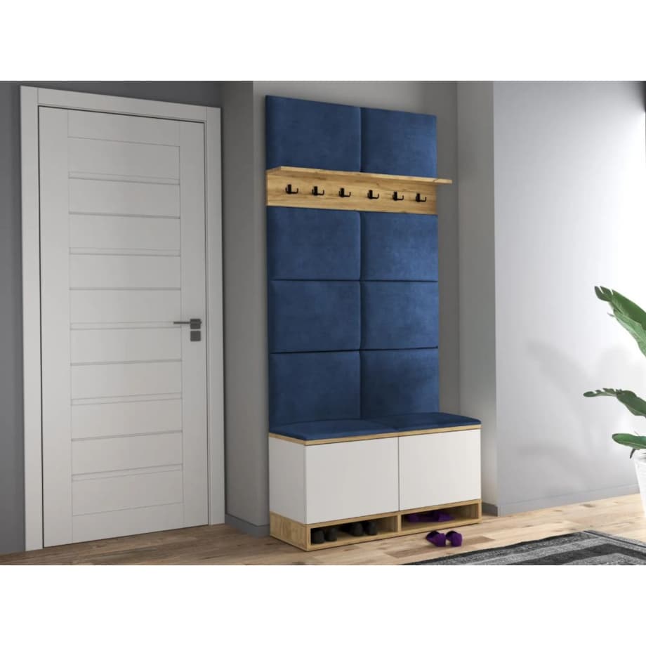 Szafka na buty z siedziskiem i wieszakiem DUBAI biała/dąb craft/granatowa