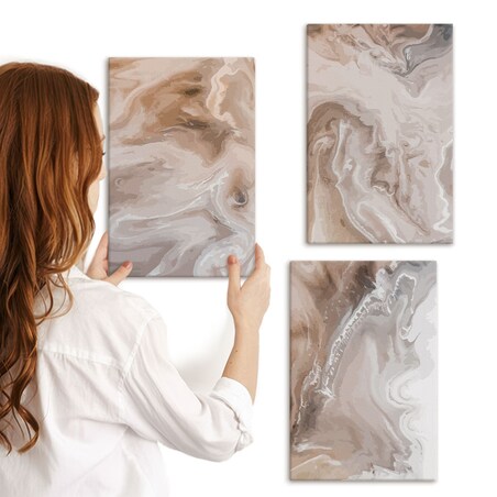 Zestaw 3 małych obrazów na płótnie - Kamień abstrakcyjny marmur - brązowy