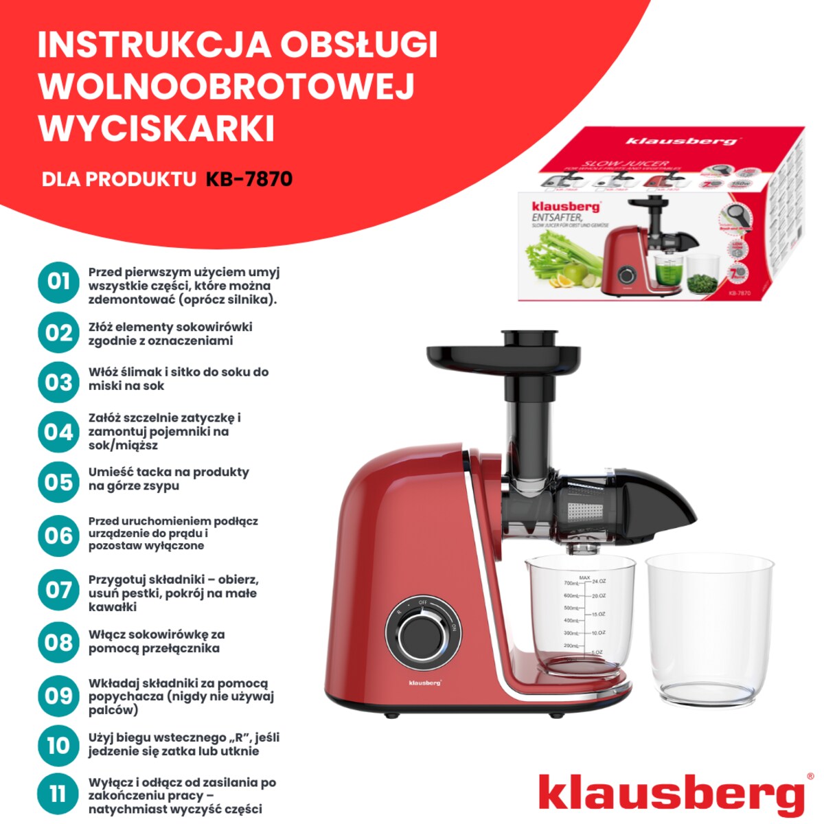 Sokowirówka wolnoobrotowa 150W do owoców i warzyw COLD PRESS KLAUSBERG KB-7870