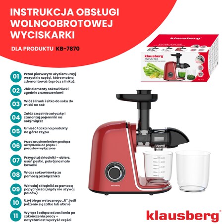Sokowirówka wolnoobrotowa 150W do owoców i warzyw COLD PRESS KLAUSBERG KB-7870