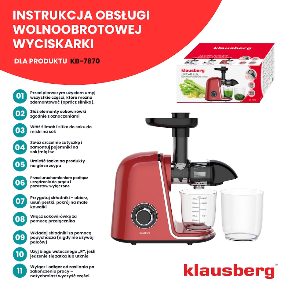 Sokowirówka wolnoobrotowa 150W do owoców i warzyw COLD PRESS KLAUSBERG KB-7870
