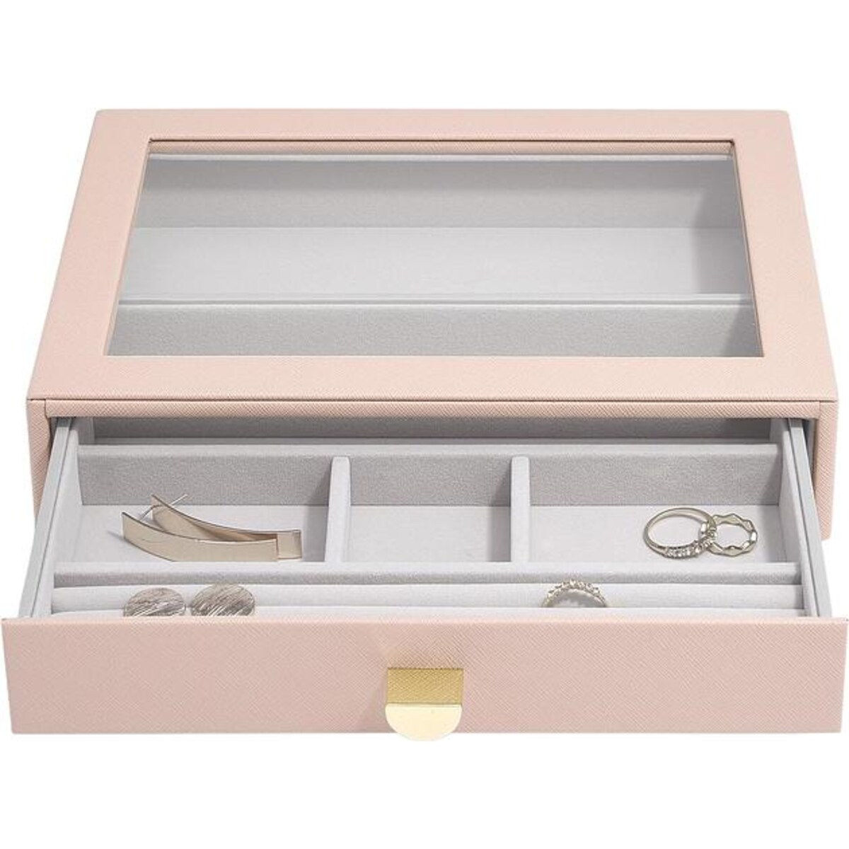 Szkatułka na biżuterię Stackers 6 komorowa classic różowa z szufladą i szklaną pokrywką