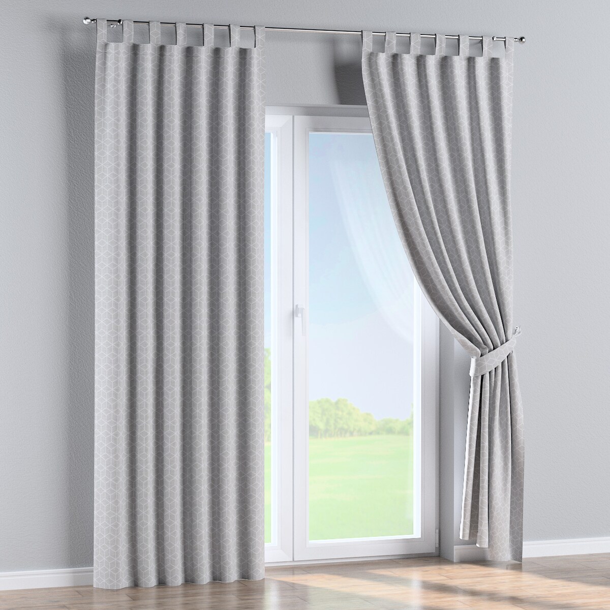 Zasłona na szelkach 1 szt. 130x260 wzór sześcianów na szarym tle