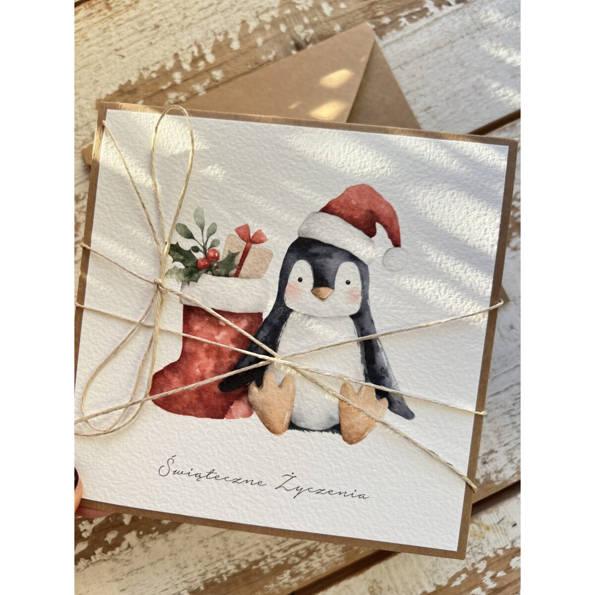 Kartka świąteczna ręcznie robiona na Boże Narodzenie z pingwinkiem 1