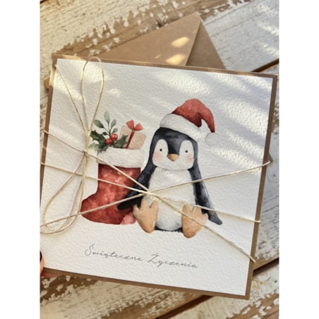 Kartka świąteczna ręcznie robiona na Boże Narodzenie z pingwinkiem 1