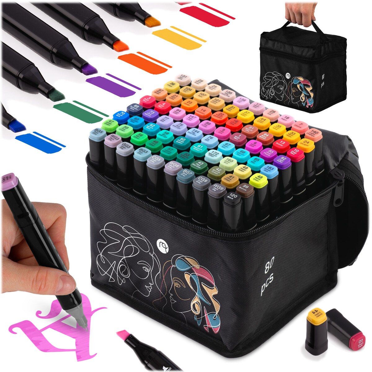 Markery 80 szt dwustronne flamastry pisaki mazaki + torba Nukido