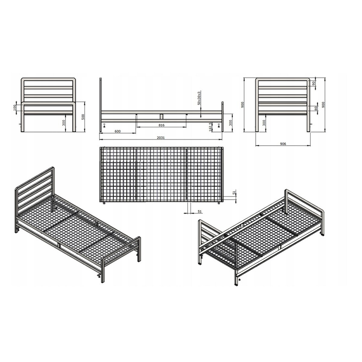 ŁÓŻKO 90x200 METALOWE - CZARNE