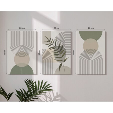 Zestaw 3 małych obrazów na płótnie - Abstrakcyjne kształty z zielenią - zielony