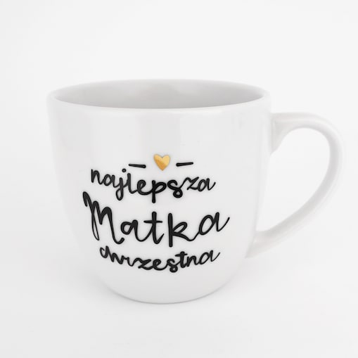 Biały Kubek Porcelanowy 300 ml - Motyw Złotego Serca i Napis Najlepsza Matka Chrzestna dla Matki Chrzestnej na Chrzest