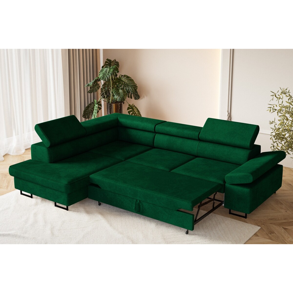 Narożnik ALEX z regulowanymi zagłówkami, lewostronny- butelkowa zieleń