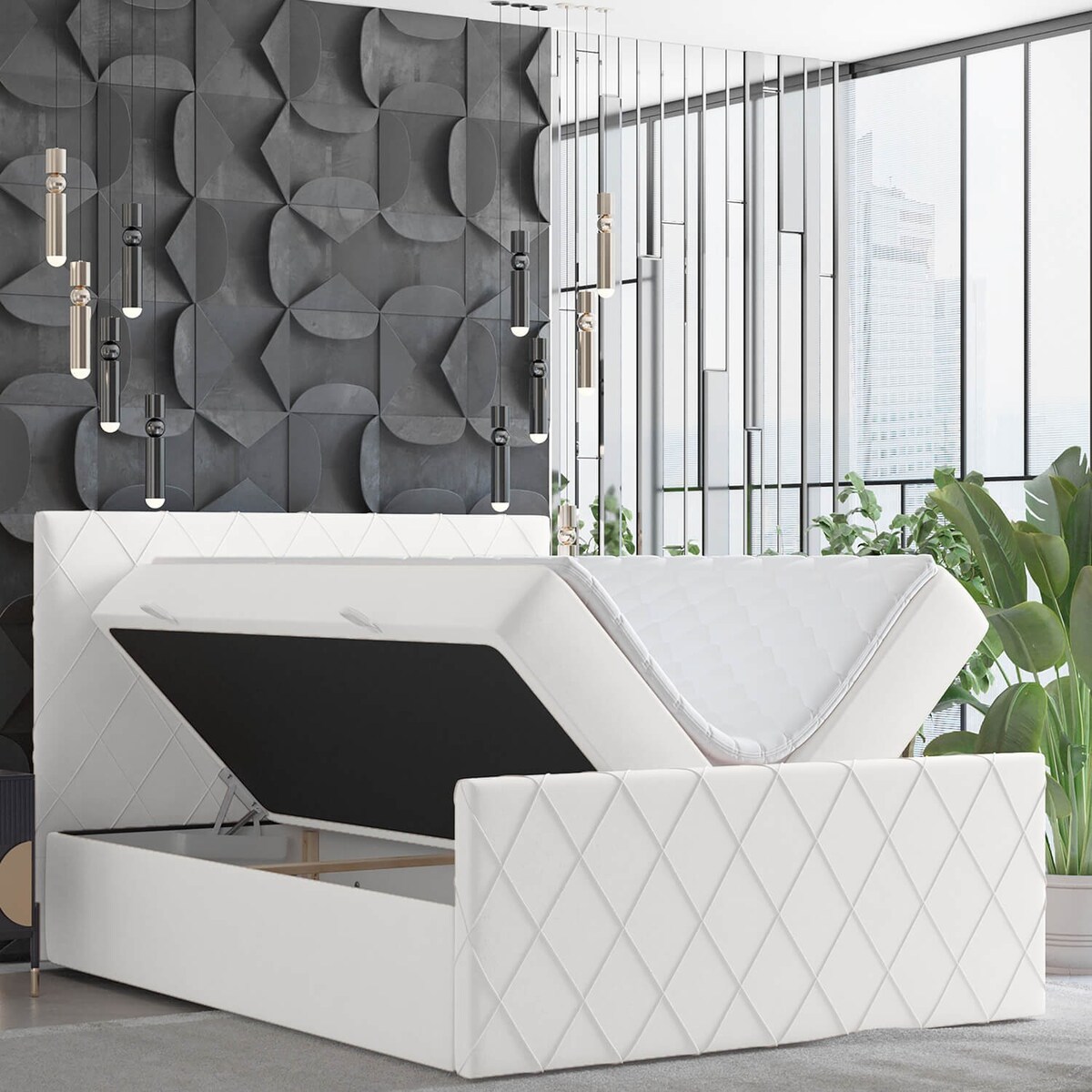 Łóżko kontynentalne PLATINE 200x200 z pojemnikiem, Biały, tkanina Magic Velvet 2200