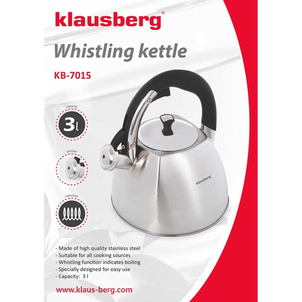 Czajnik stalowy z gwizdkiem na gaz indukcję Inox srebrny KLAUSBERG 3.0L