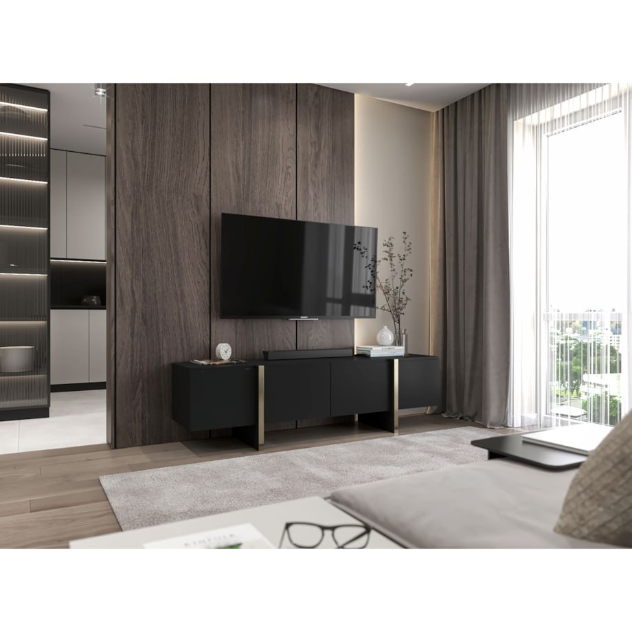 Szafka RTV Kenzo Nowoczesna Komoda RTV Glamour Czarny Mat 180 cm