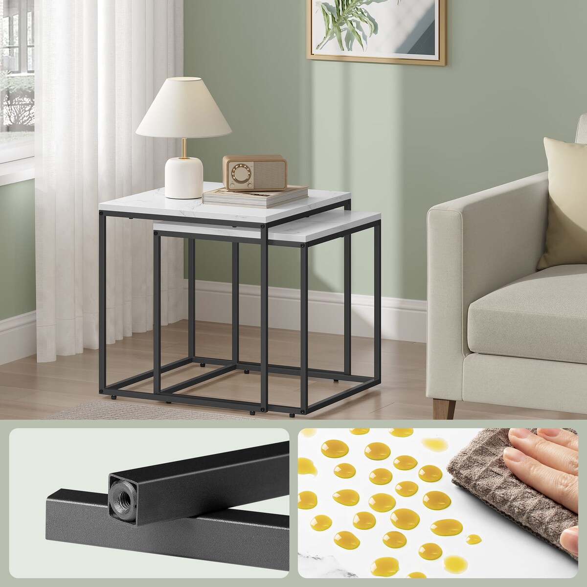 Stolik Kawowy Kwadrat 2Szt Marmur, Czarny