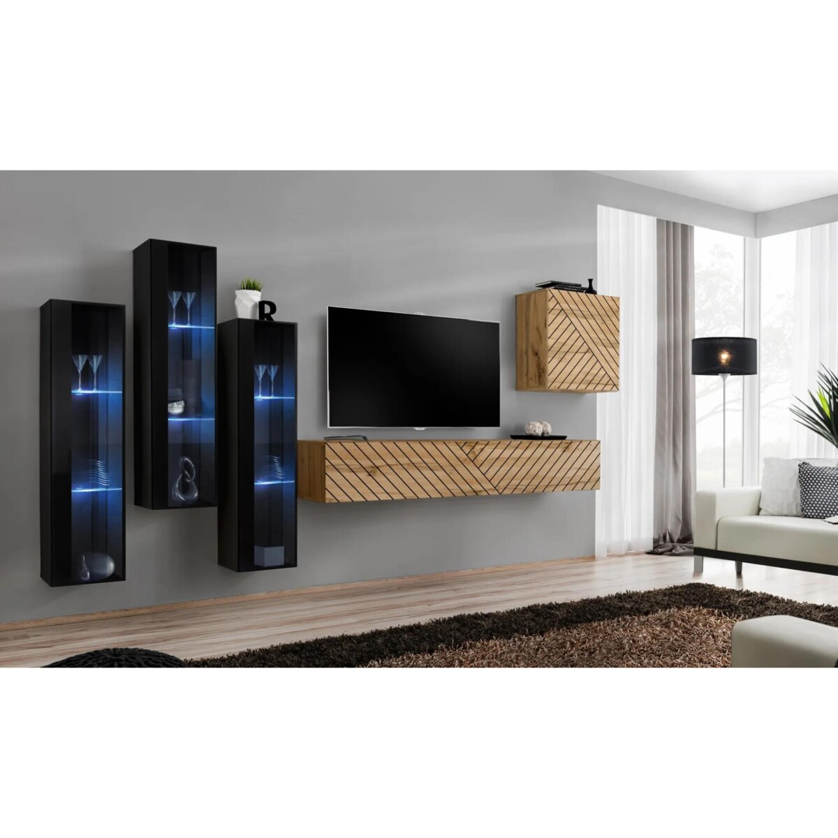 Meblościanka SWITCH LAMEL XIII czarna/dąb wotan