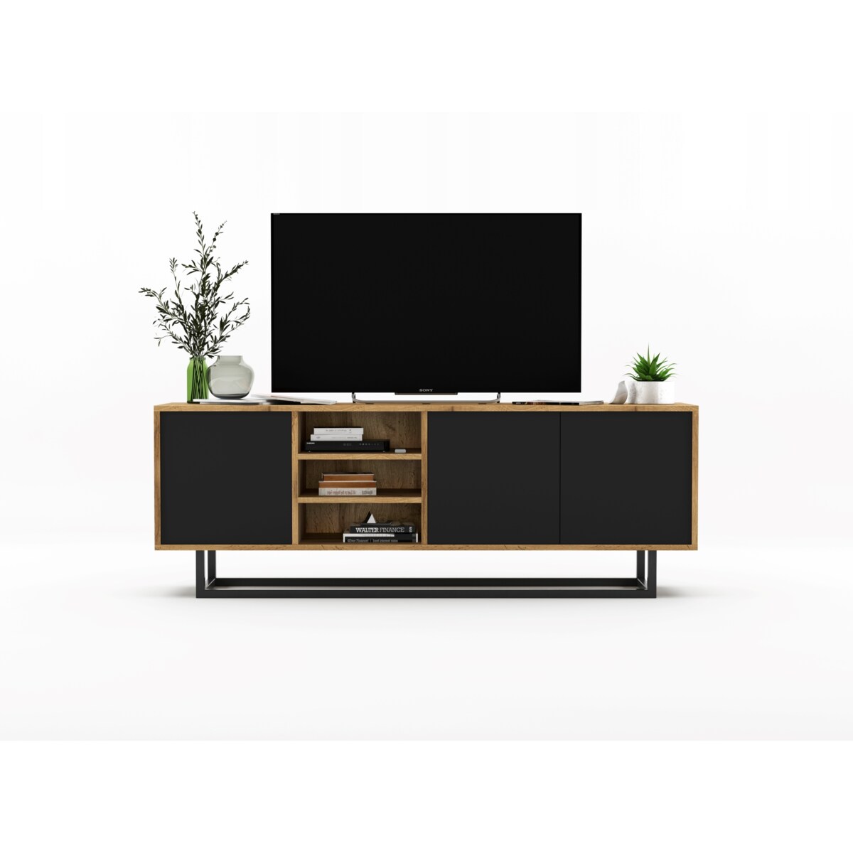 Industrialna Szafka RTV Loft Komoda RTV Dąb Wotan Czarny MAT 150 cm