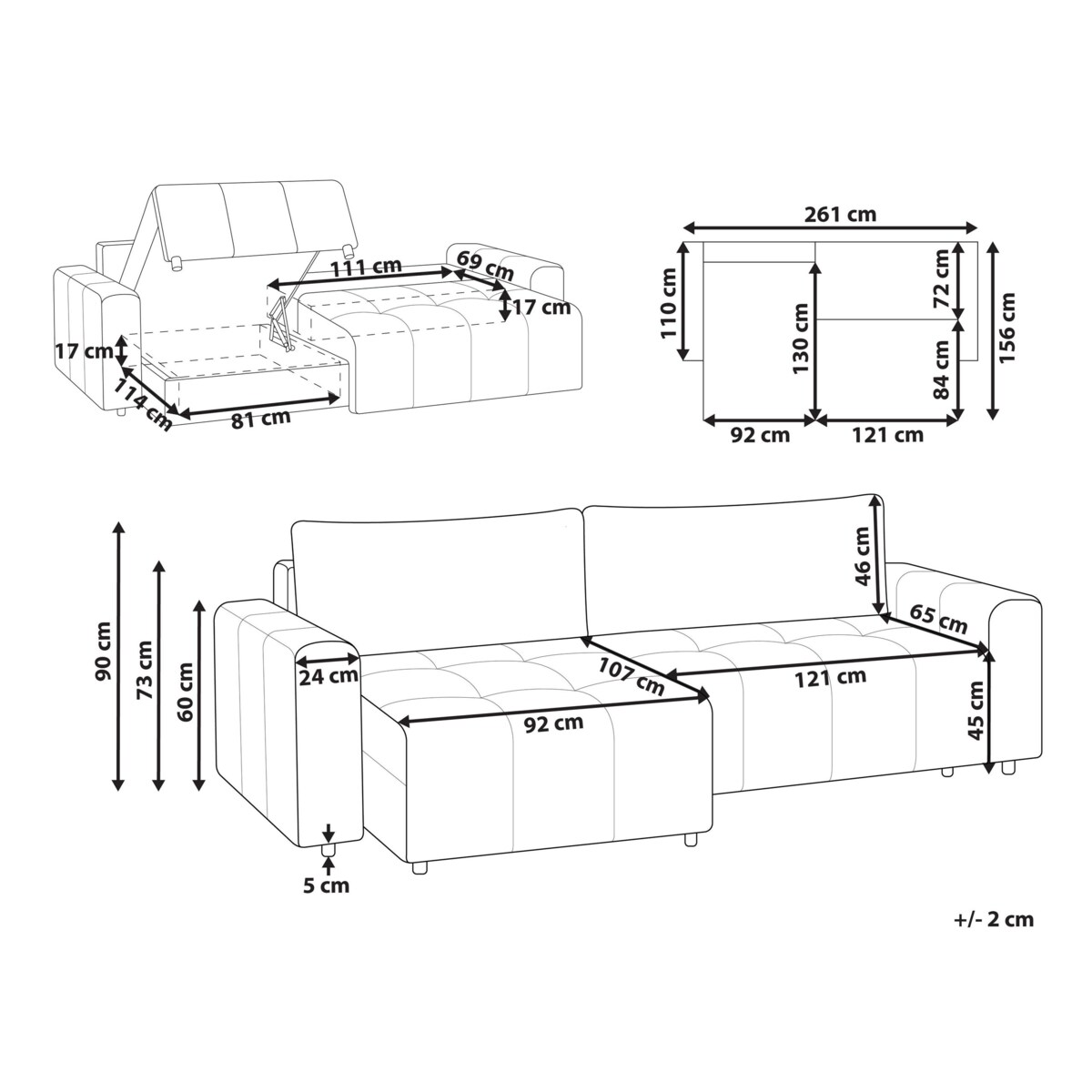 Narożnik rozkładany prawostronny 3-osobowy z pojemnikiem brązowy INNVIK