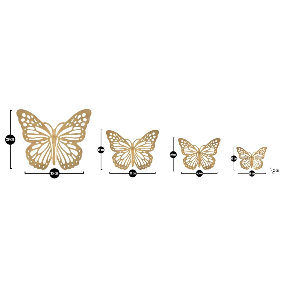 Zestaw 4 dekoracji ściennych Butterflies, kolor złoty, żelazo, wysokości 29, 19, 16 i 12 cm, motyw: motyle, do salonu i przedpokoju, Mauro Ferretti