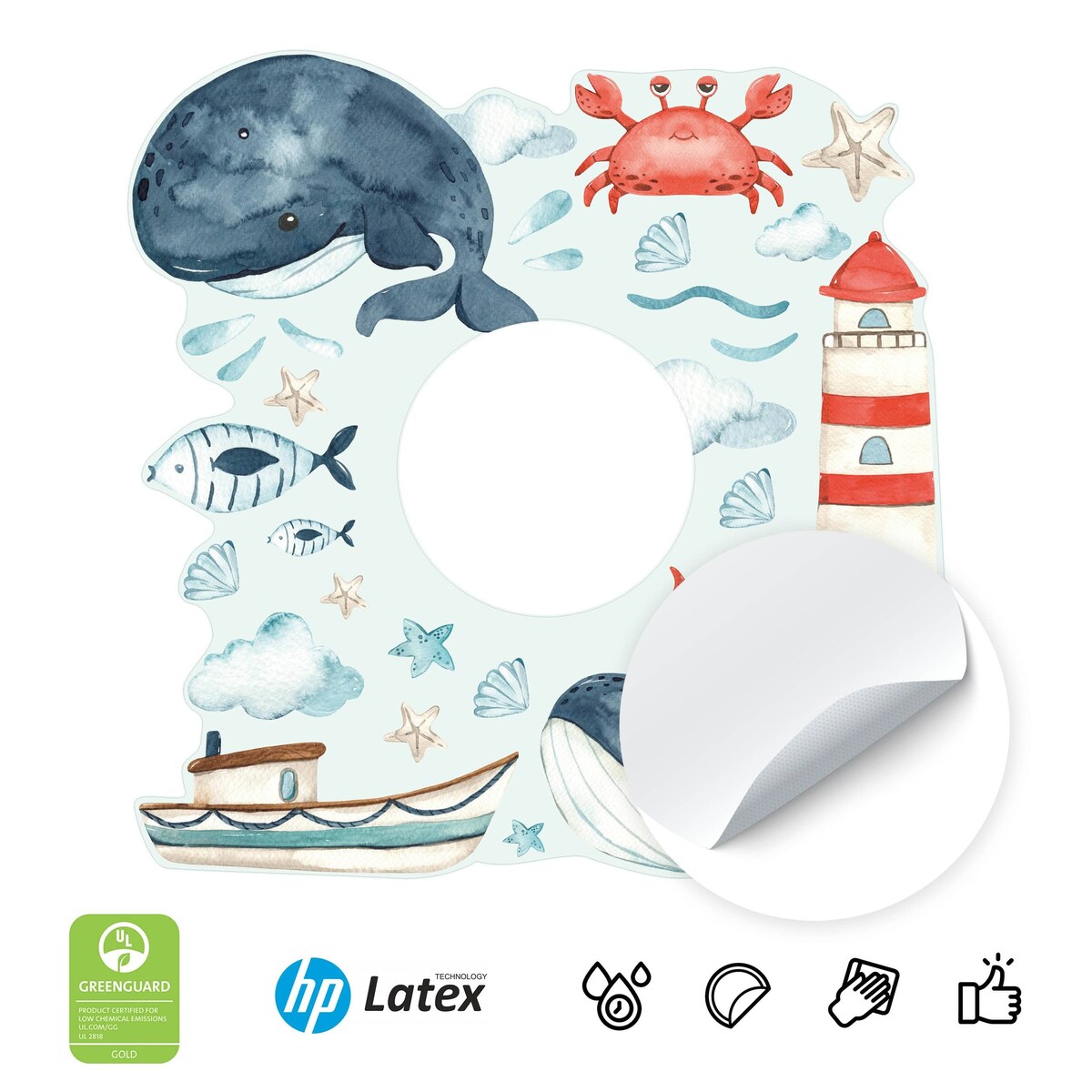 Naklejka Pod Kontakt Wieloryby Rybki Chmurki Rozgwiazdy Muszelki Dla Dzieci 20x20cm