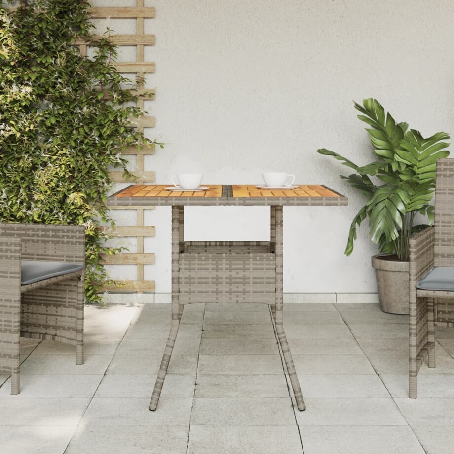 vidaXL Stół ogrodowy z akacjowym blatem, szary, 80x80x75 cm, rattan PE