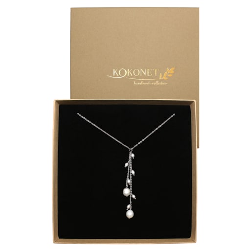 Długi naszyjnik wiszący z perłami naturalnymi srebrny ŚLUB prezent pudełko