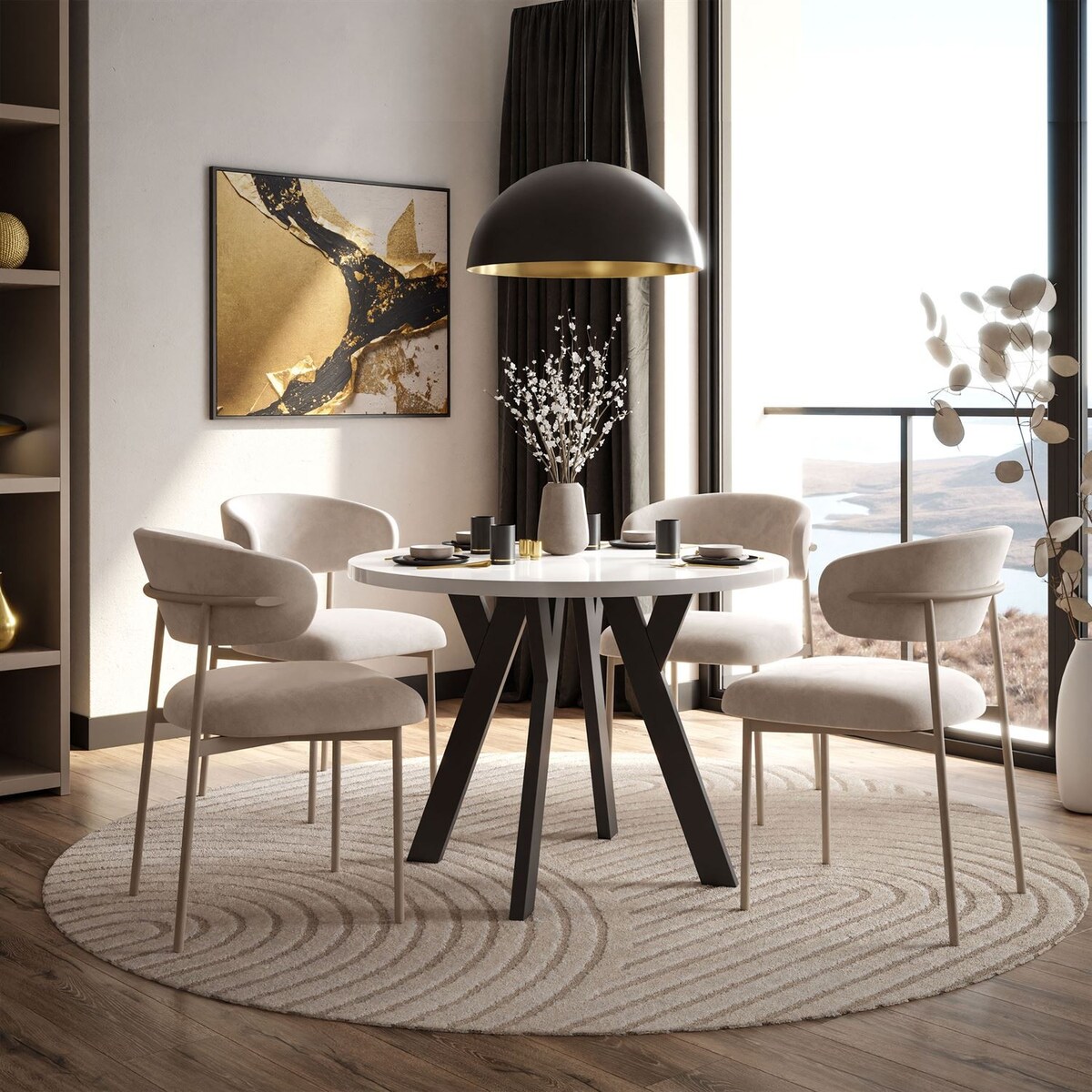 Okrągły stół rozkładany VOLTA GLOSS, nogi czarne, blat biały