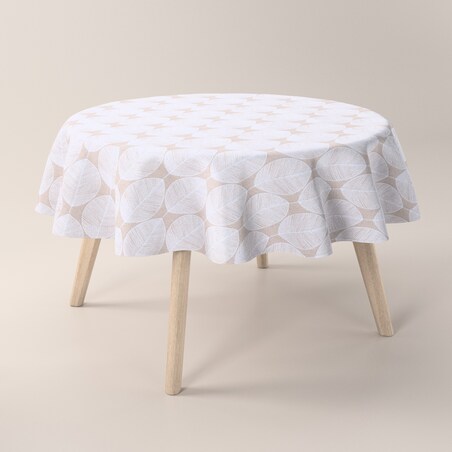 Obrus okrągły 160 x 160 cm białe liście na beżowym tle