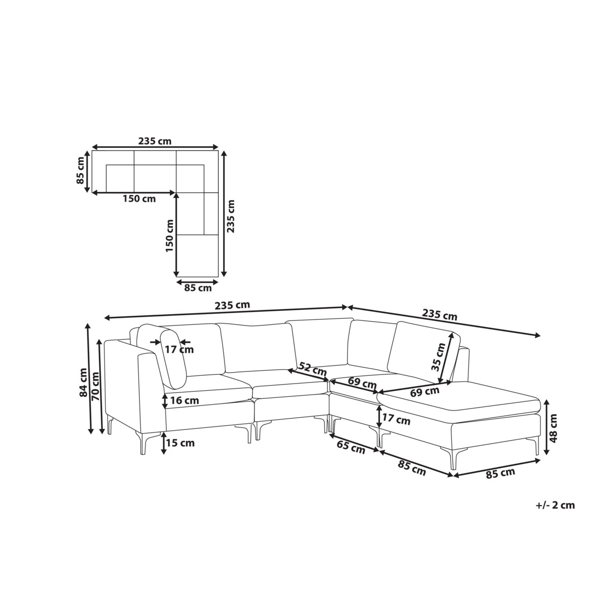 Narożnik modułowy 4-osobowy z otomaną welurowy lewostronny niebieski EVJA