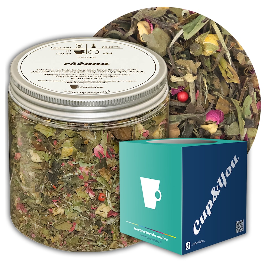 Herbata biała sypana RÓŻANA o smaku różanym z nutą malin PREMIUM Cup&You - herbata liściasta sypana mieszanka napar susz - gotowa na prezent upominek