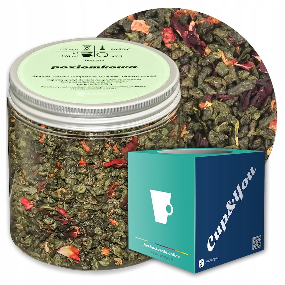 Herbata zielona sypana POZIOMKOWA o smaku mocno poziomkowym PREMIUM Cup&You - herbata liściasta sypana mieszanka napar susz - gotowa na prezent upominek