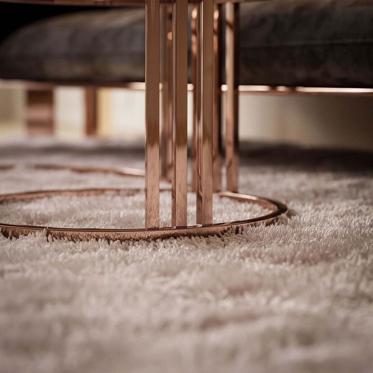 Zestaw stolików kawowych LORI 2w1, miedziana podstawa, przezroczyste szkło