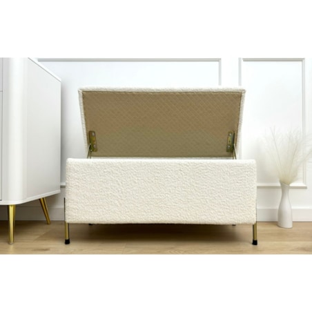 Kremowa tapicerowana ławka Dancan BORGO w tkaninie boucle z pojemnikiem, na złotych metalowych nogach