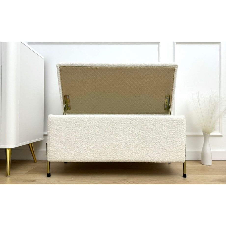 Kremowa tapicerowana ławka Dancan BORGO w tkaninie boucle z pojemnikiem, na złotych metalowych nogach
