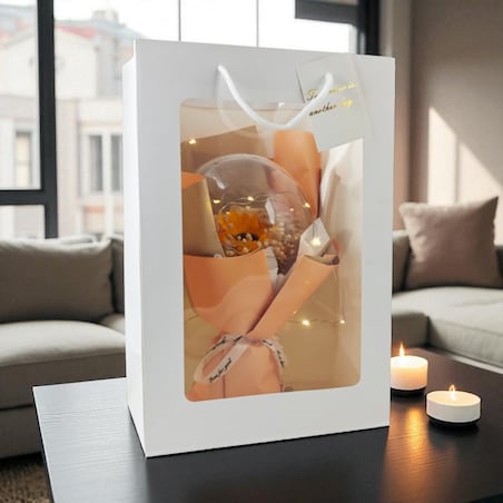 Bukiet zapachowych kwiatów mydlanych w torebce na prezent, kula, świecące LED - BUK14ZO