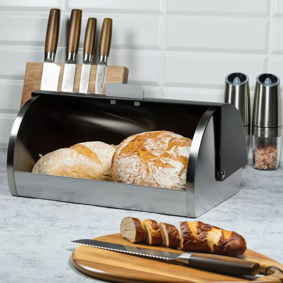 Chlebak stalowy z pokrywą akrylową pojemnik na chleb pieczywo bułki KINGHOFF