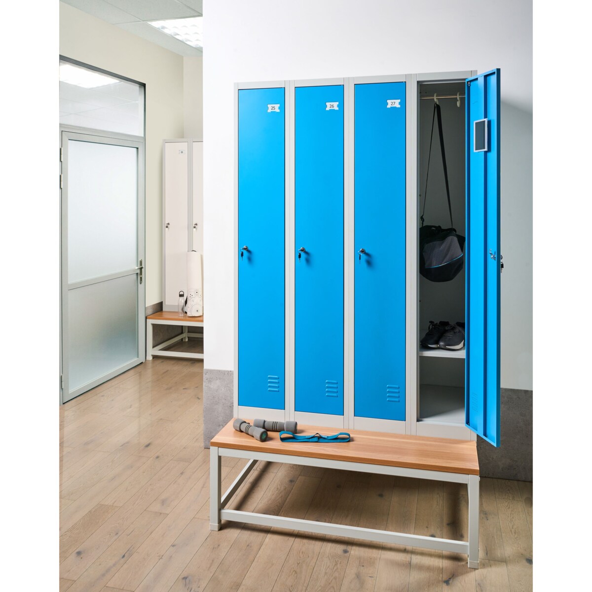 Szafa socjalna ubraniowa czterodrzwiowa z ławką ATHLETE Metal Szary/ niebieski