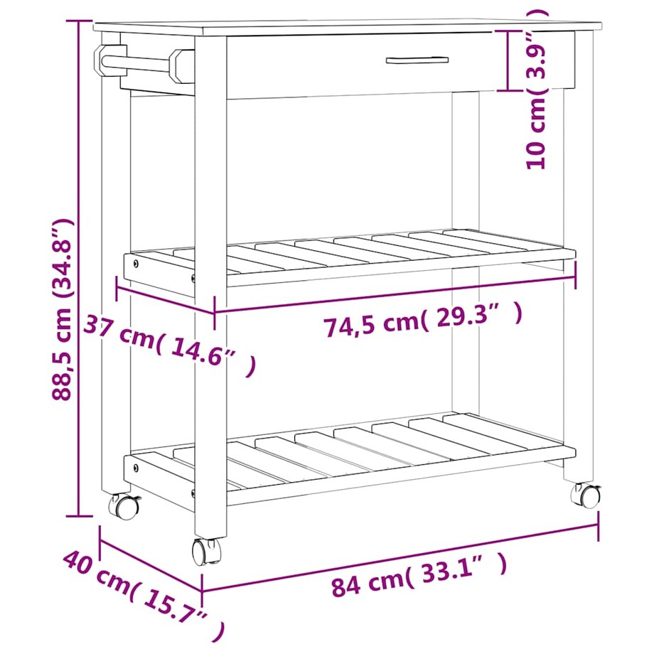 vidaXL Wózek kuchenny MONZA, 84x40x88,5 cm, lite drewno sosnowe