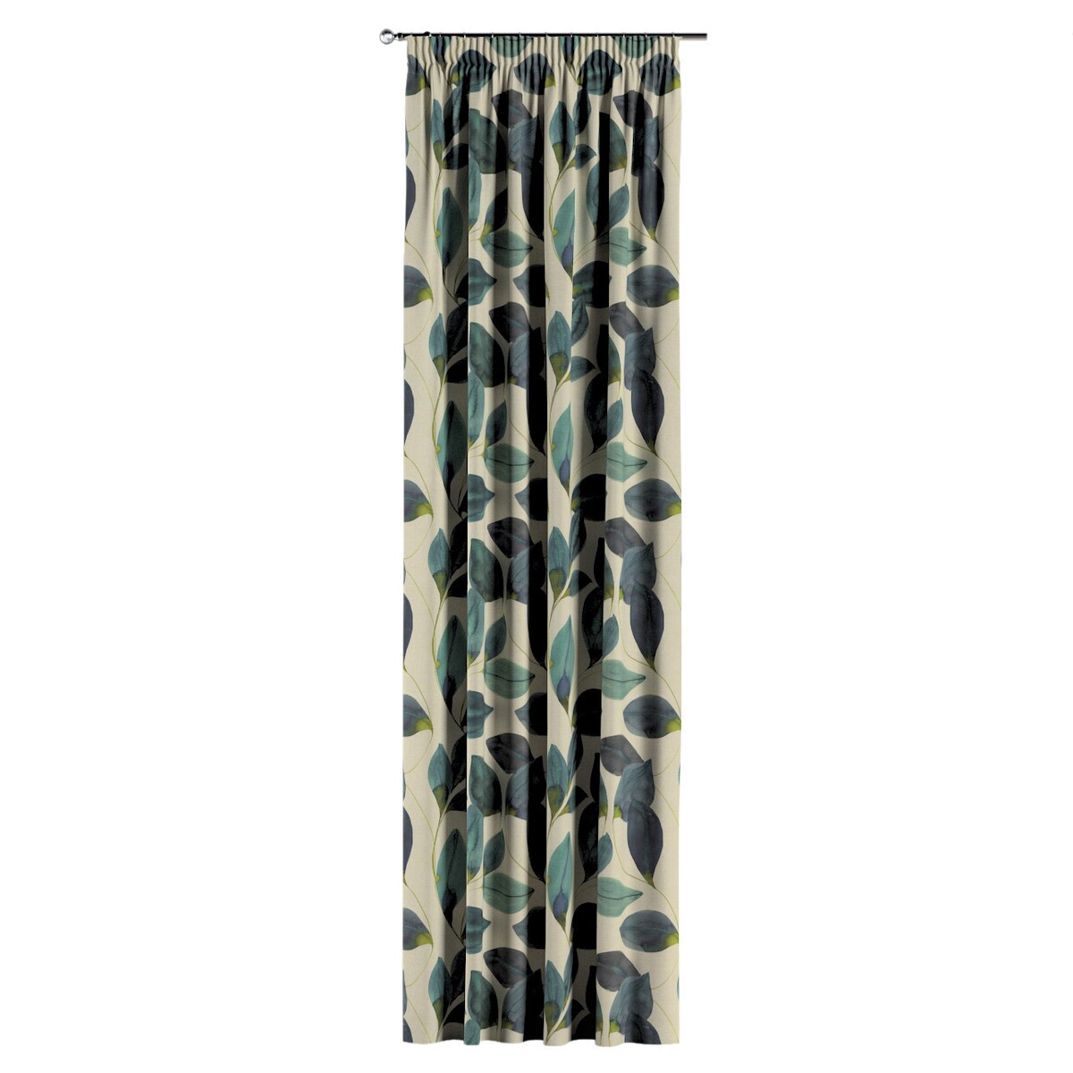 Zasłona na taśmie marszczącej 1 szt. 130x245 liście w kolorze szmaragdowej zieleni z fioletem na lnianym tle