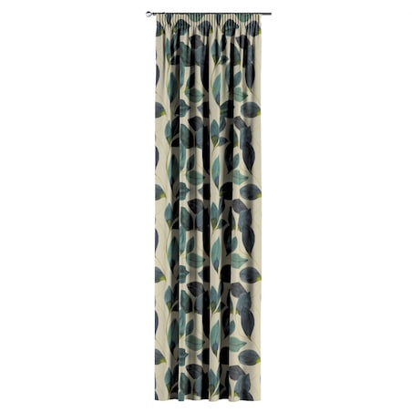 Zasłona na taśmie marszczącej 1 szt. 130x245 liście w kolorze szmaragdowej zieleni z fioletem na lnianym tle