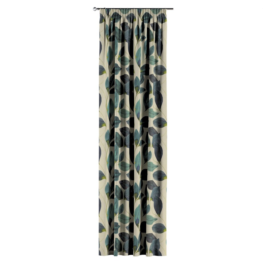 Zasłona na taśmie marszczącej 1 szt. 130x245 liście w kolorze szmaragdowej zieleni z fioletem na lnianym tle