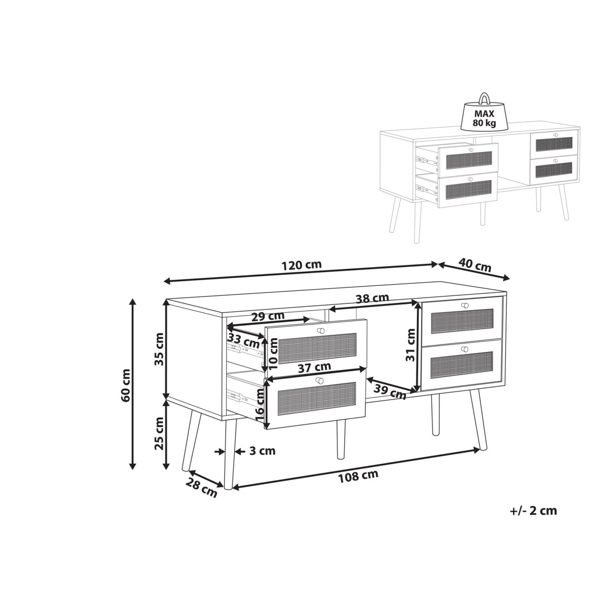 Szafka RTV z frontem rattanowym jasne drewno PEROTE