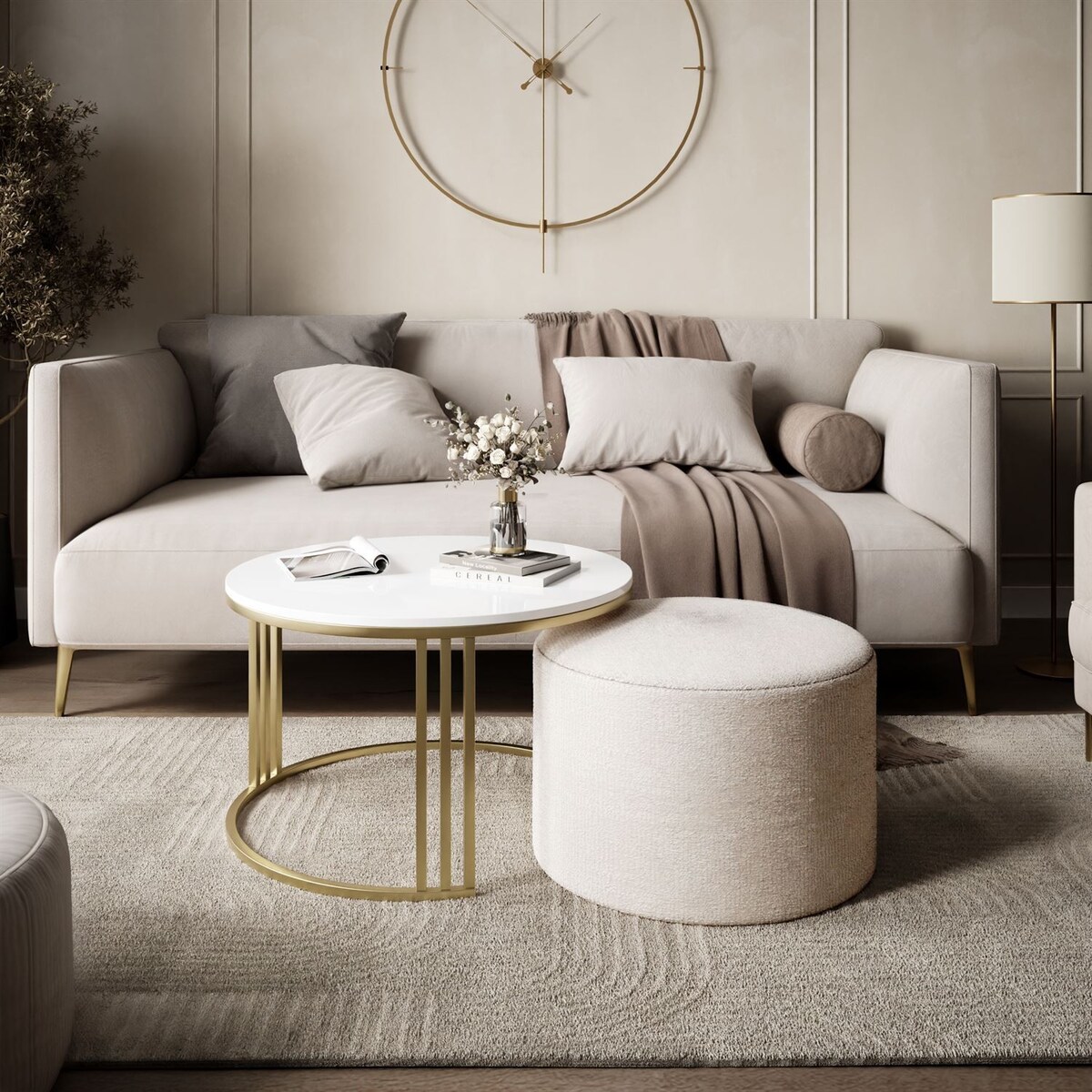 Stolik kawowy z pufą LORI POŁYSK złoto szczotkowane, biały / Perfect Harmony 01