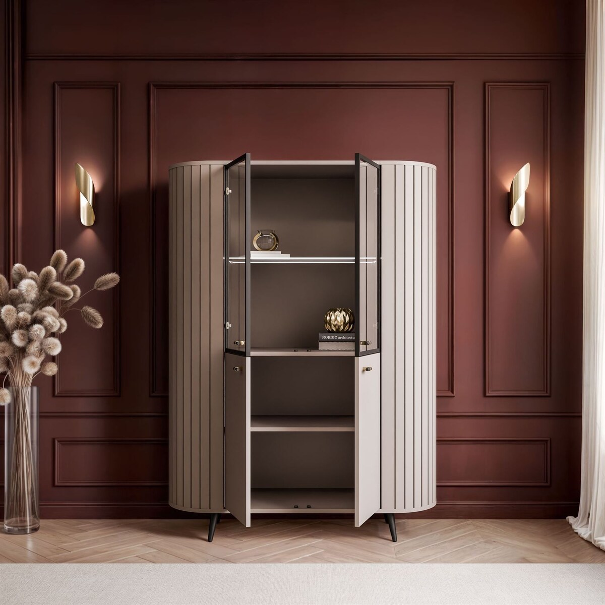 Witryna ELODIE II z oświetleniem LED, kaszmir / nóżki i uchwyty czarne