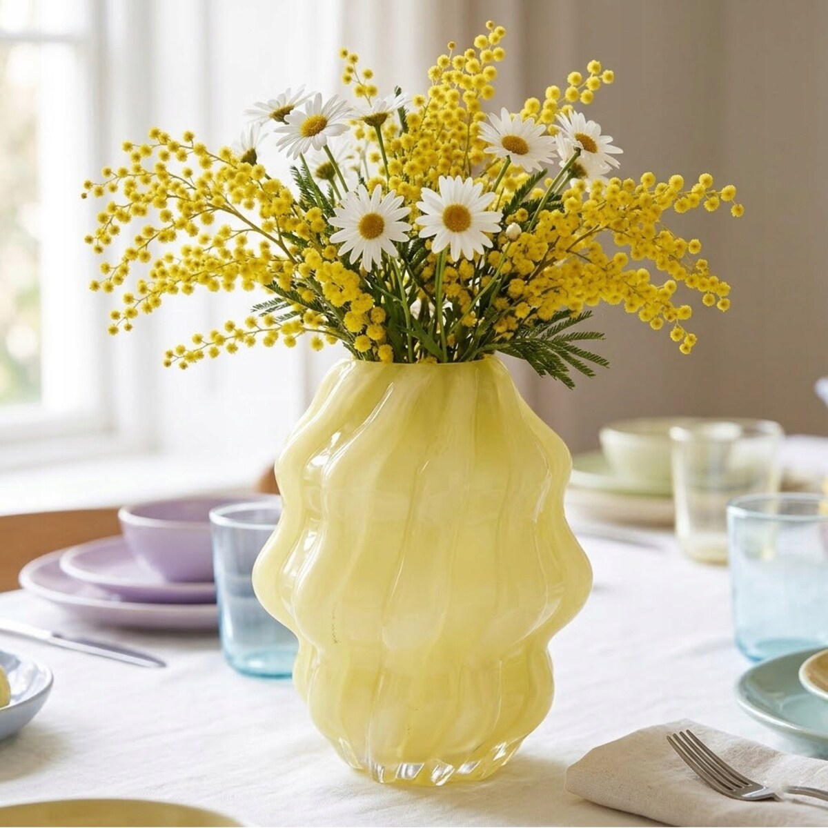 WAZON SZKLANY 20cm OKRĄGŁY ŻÓŁTY NA KWIATY BUKIET DO SALONU DOMU BOHO RETRO