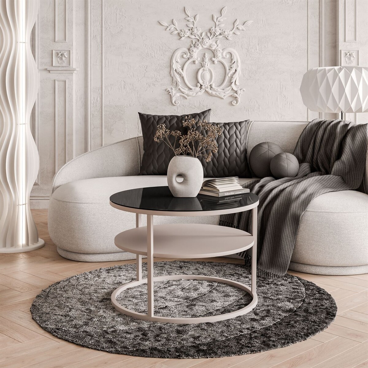 Stolik Kawowy CIRI GLASS KASZMIR z półką, blat czarne szkło